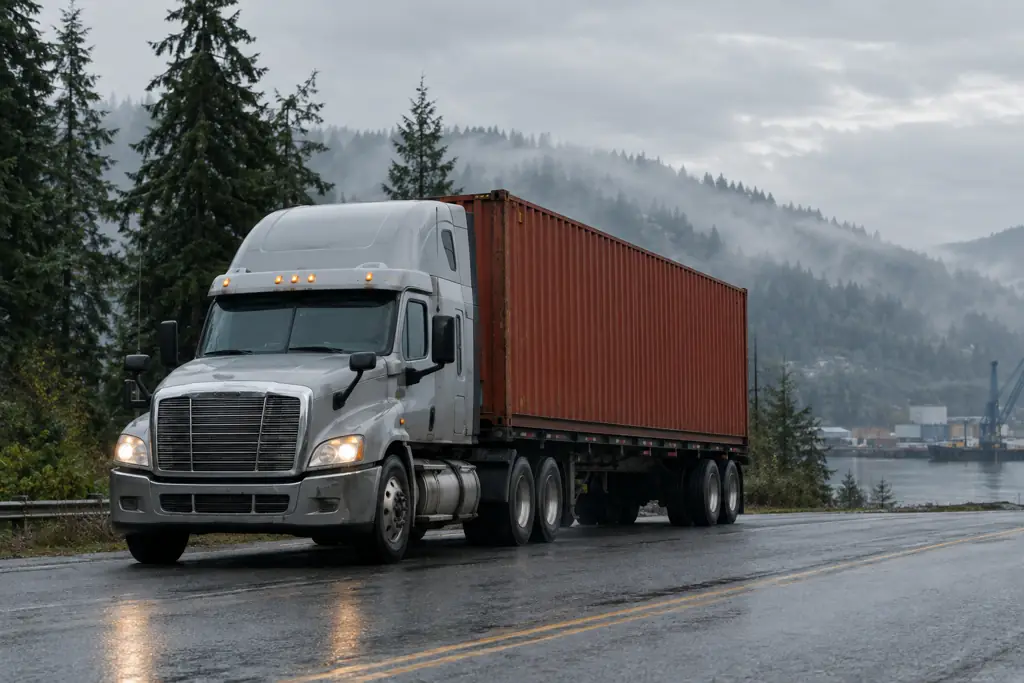 Semi truck hauling a rust-red shipping container on a wet Pacific Northwest road