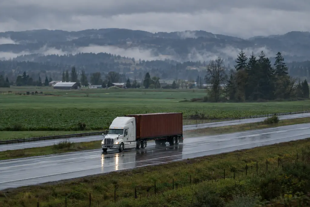 Truck hauling a shipping container on I-5 through the Willamette Valley in the rain